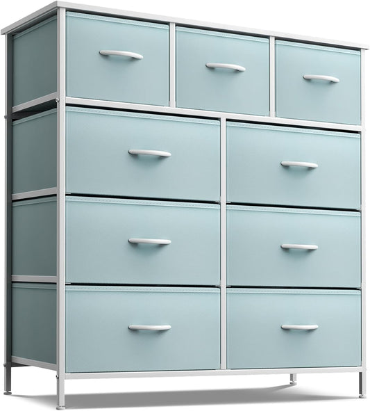 Kids Dresser with 9 Drawers - Furniture Storage Chest Tower Unit for Bedroom, Hallway, Closet, Office Organization - Steel Frame, Wood Top, Fabric Bins (Aqua, Solid)