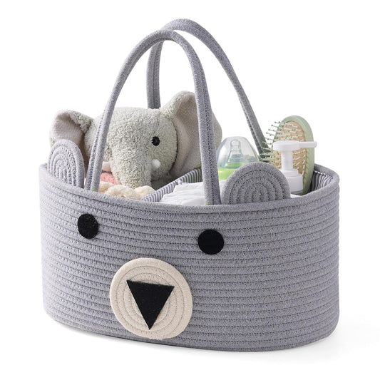 Baby Diaper Caddy Organizer, Large Bear Cotton Rope Nursery, Changing Basket Table Baby Diaper Storage Portable Car Organizer, Newborn Essentials - Gray