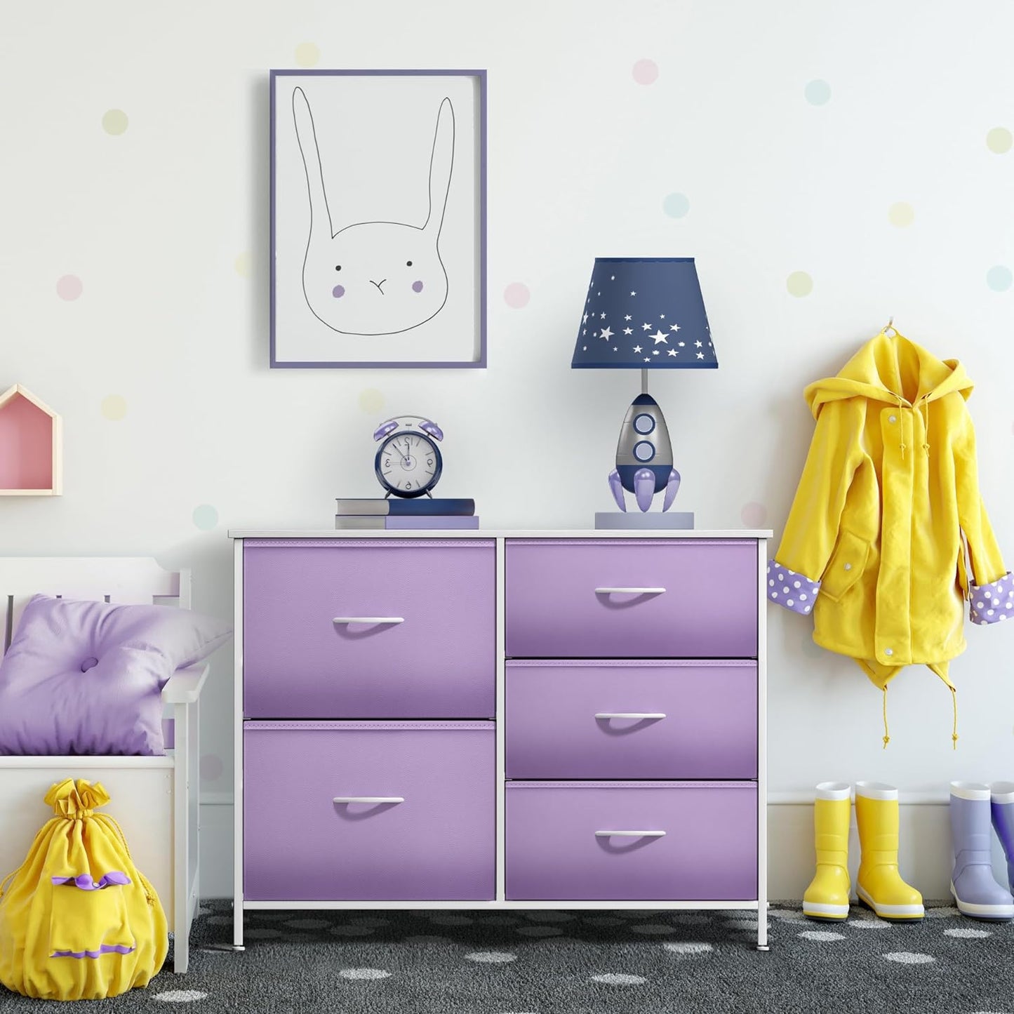 Kids Dresser with 5 Drawers - Storage Chest Organizer Unit with Steel Frame, Wood Top & Handles, Tie-Dye Fabric Bins for Clothes - Wide Furniture for Bedroom Hallway Kids Room Nursery & Closet