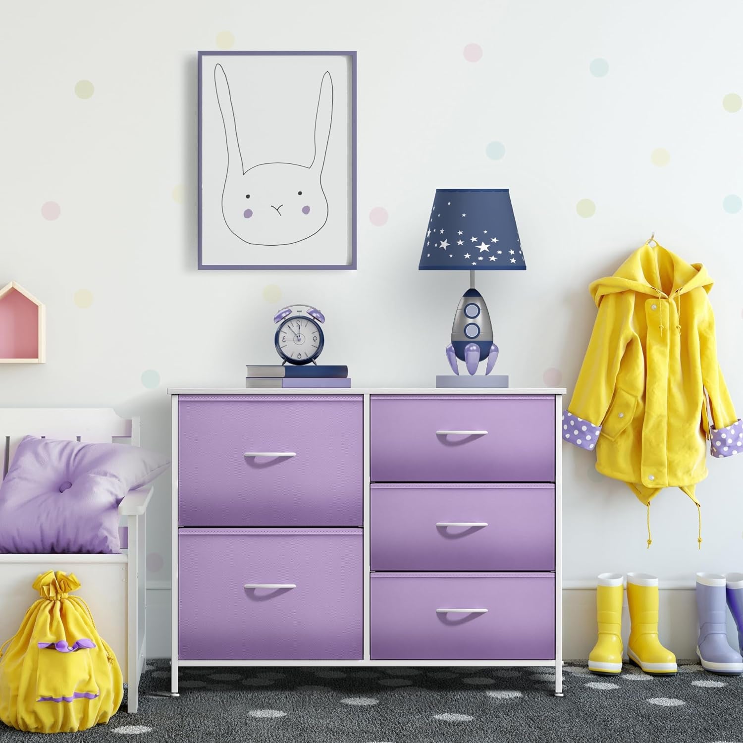 Kids Dresser with 5 Drawers - Storage Chest Organizer Unit with Steel Frame, Wood Top & Handles, Tie-Dye Fabric Bins for Clothes - Wide Furniture for Bedroom Hallway Kids Room Nursery & Closet