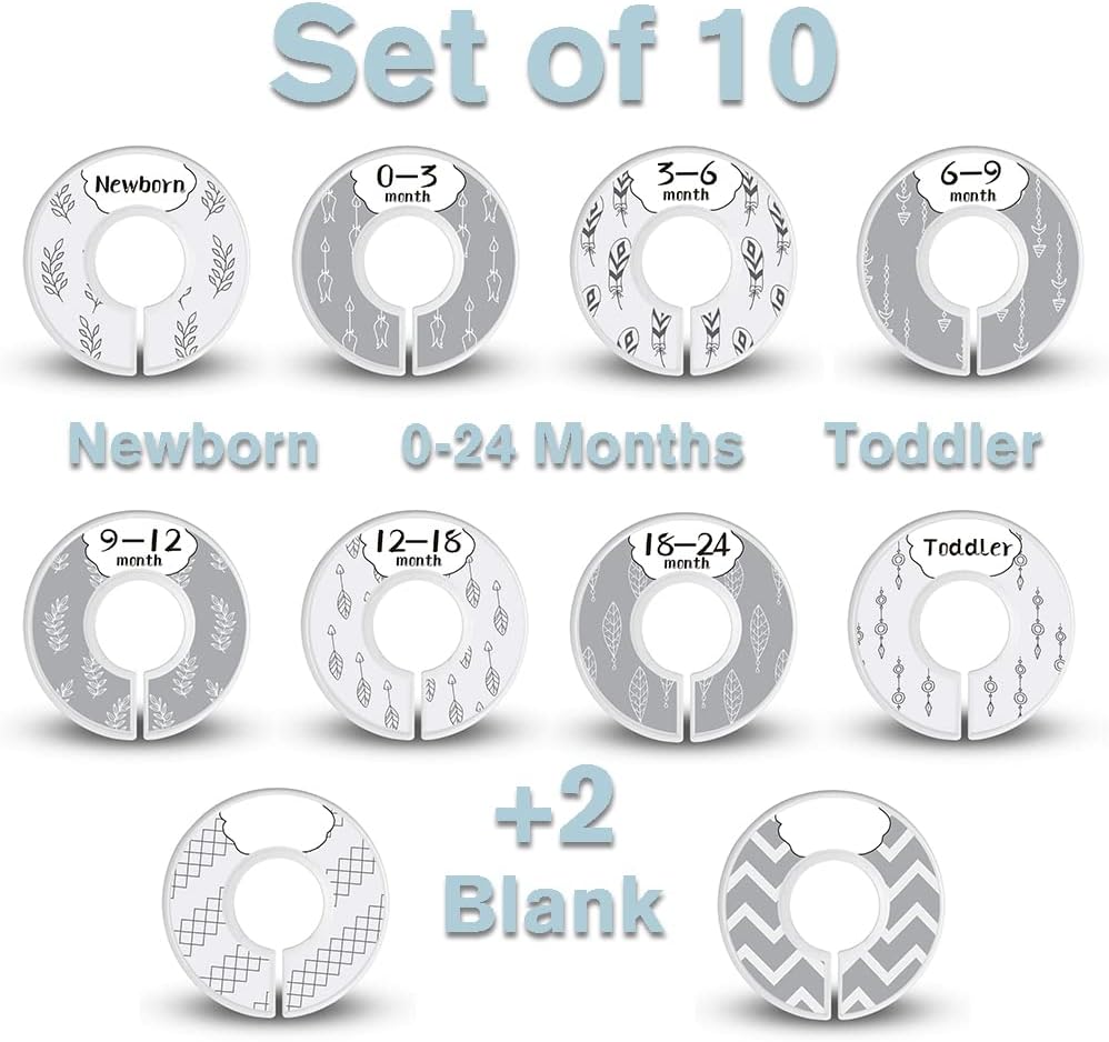 Baby Closet Dividers - Set of 10 from Newborn to Toddler and 2 Blanks with Colored Box - Gray Boho Designs Baby Closet Organizer for Nursery - [Gray Boho]