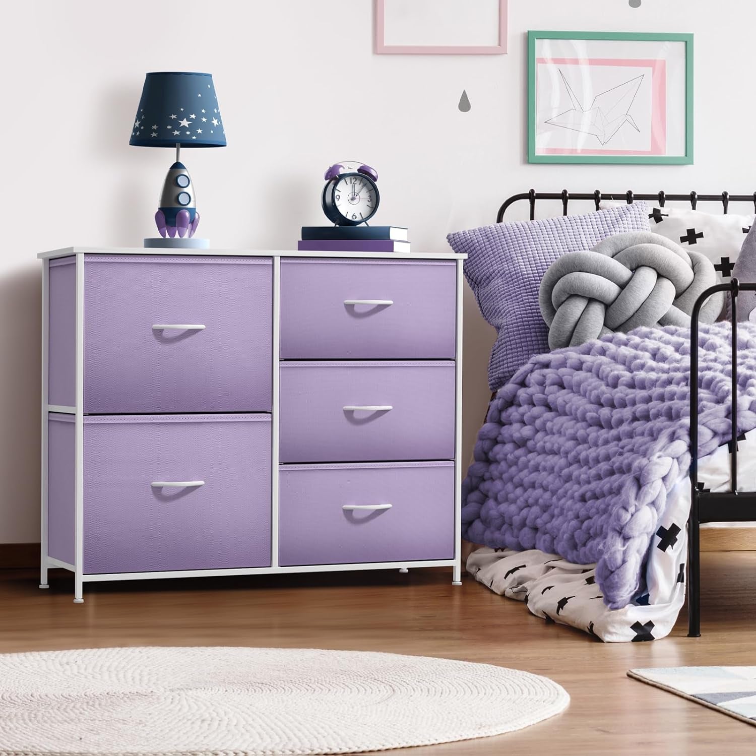 Kids Dresser with 5 Drawers - Storage Chest Organizer Unit with Steel Frame, Wood Top & Handles, Tie-Dye Fabric Bins for Clothes - Wide Furniture for Bedroom Hallway Kids Room Nursery & Closet