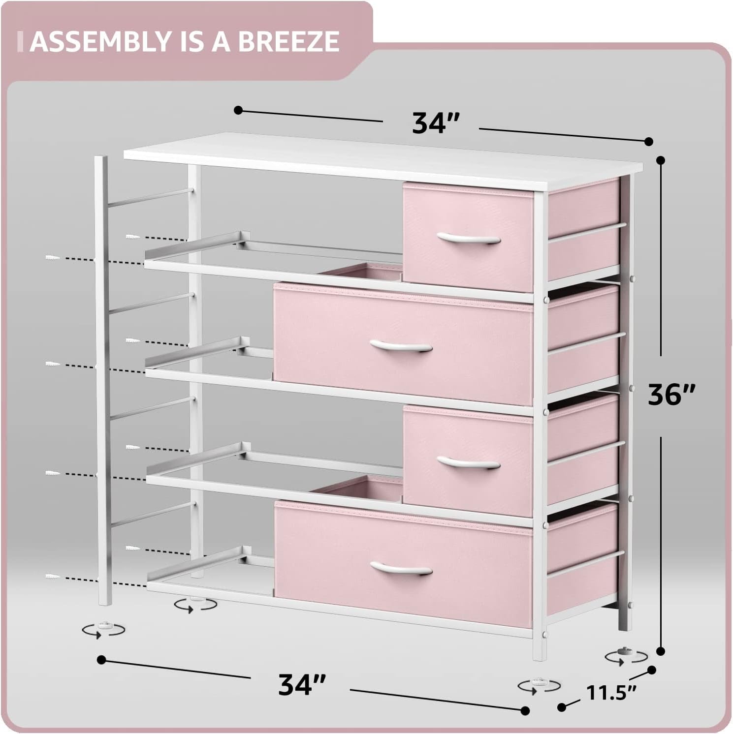 Dresser with 8 Drawers - Furniture Storage Chest for Kid’S, Teens, Bedroom, Nursery, Playroom, Clothes, Toys - Steel Frame, Wood Top, Fabric Bins (Pink)