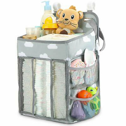 Nursery Baby Caddy Diaper Organizer Bags, Hanging Baby Shower Gifts for Infant Newborn Store Diaper Lotion Wet Wipes , Grey & White