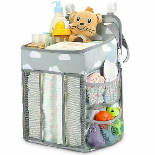 Nursery Baby Caddy Diaper Organizer Bags, Hanging Baby Shower Gifts for Infant Newborn Store Diaper Lotion Wet Wipes , Grey & White