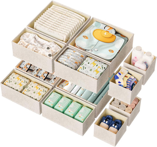 12 Pack Drawer Organizer for Baby Clothes, Linen Fabric Nursery Organizer for Baby Diaper, Collapsible Deep Fabric Drawer Organizer with Zipper for Socks, Bra, Towels, Ties, Beige