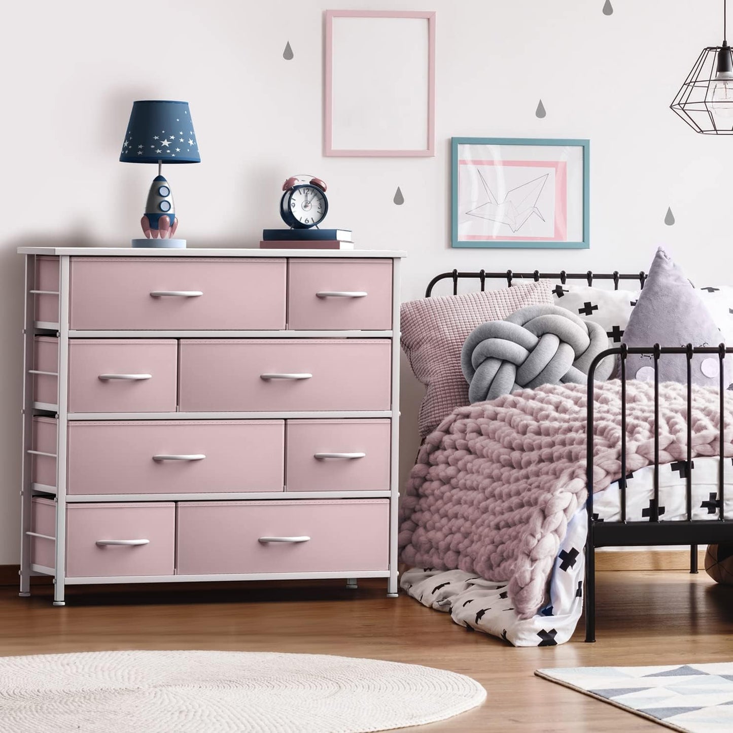Dresser with 8 Drawers - Furniture Storage Chest for Kid’S, Teens, Bedroom, Nursery, Playroom, Clothes, Toys - Steel Frame, Wood Top, Fabric Bins (Pink)