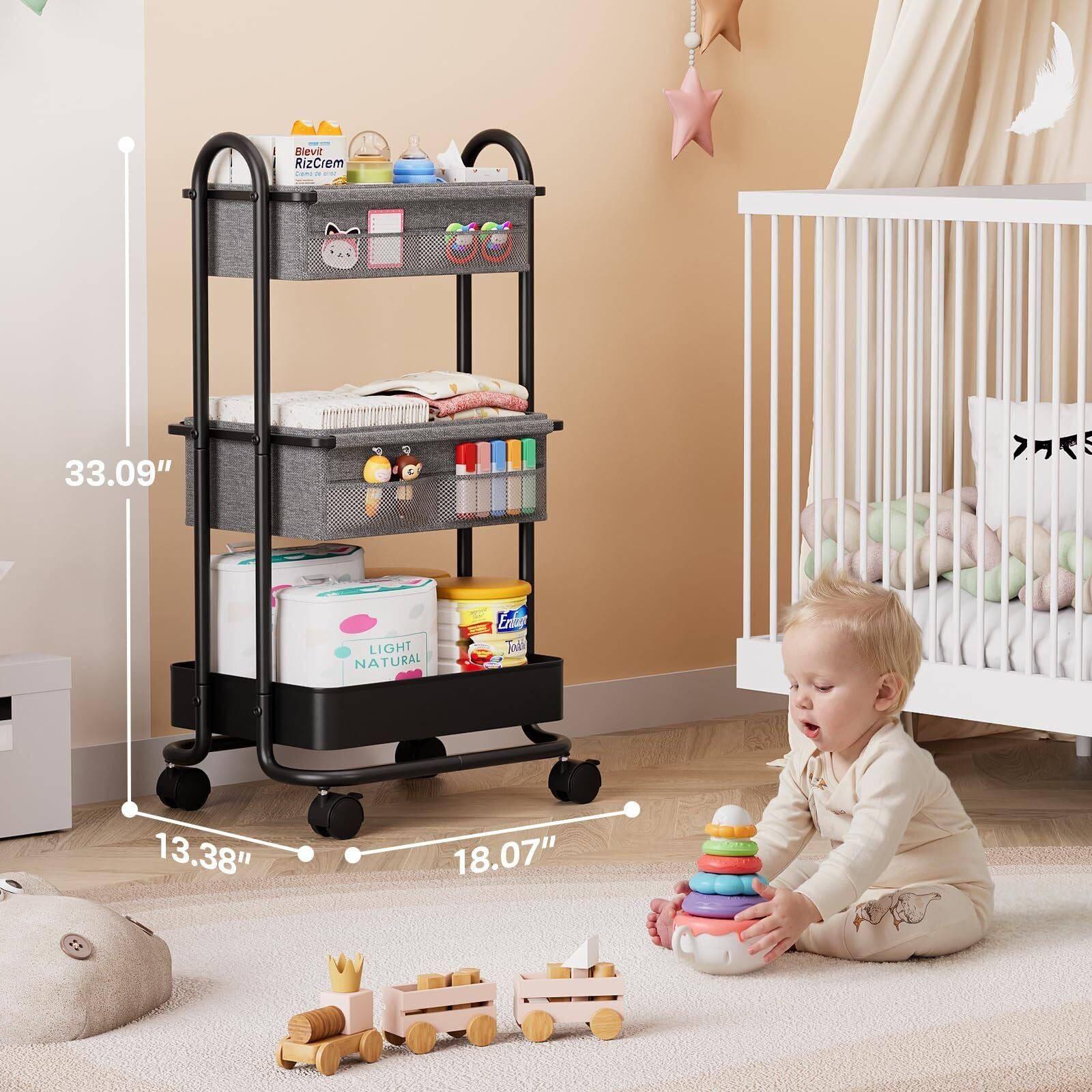 Baby Diaper Caddy Organizer Cart and Storage - 3 Tier Rolling with Wheels
