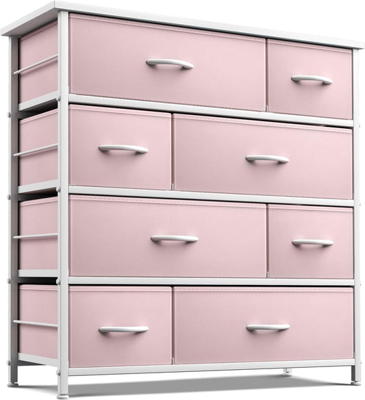 Dresser with 8 Drawers - Furniture Storage Chest for Kid’S, Teens, Bedroom, Nursery, Playroom, Clothes, Toys - Steel Frame, Wood Top, Fabric Bins (Pink)